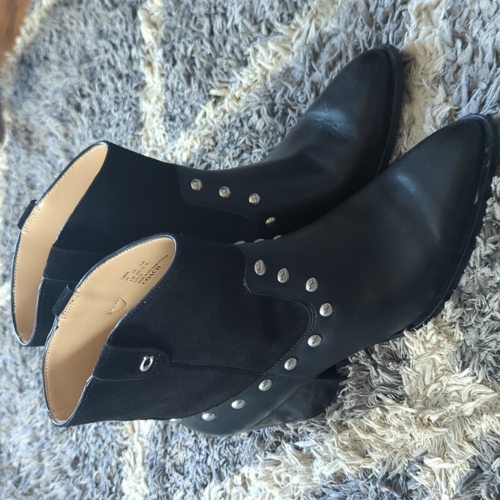 COACH Pauline Leather Suede Bootie Black 8.5 B Womens Studded Western Ankle Boot - Picture 4 of 8